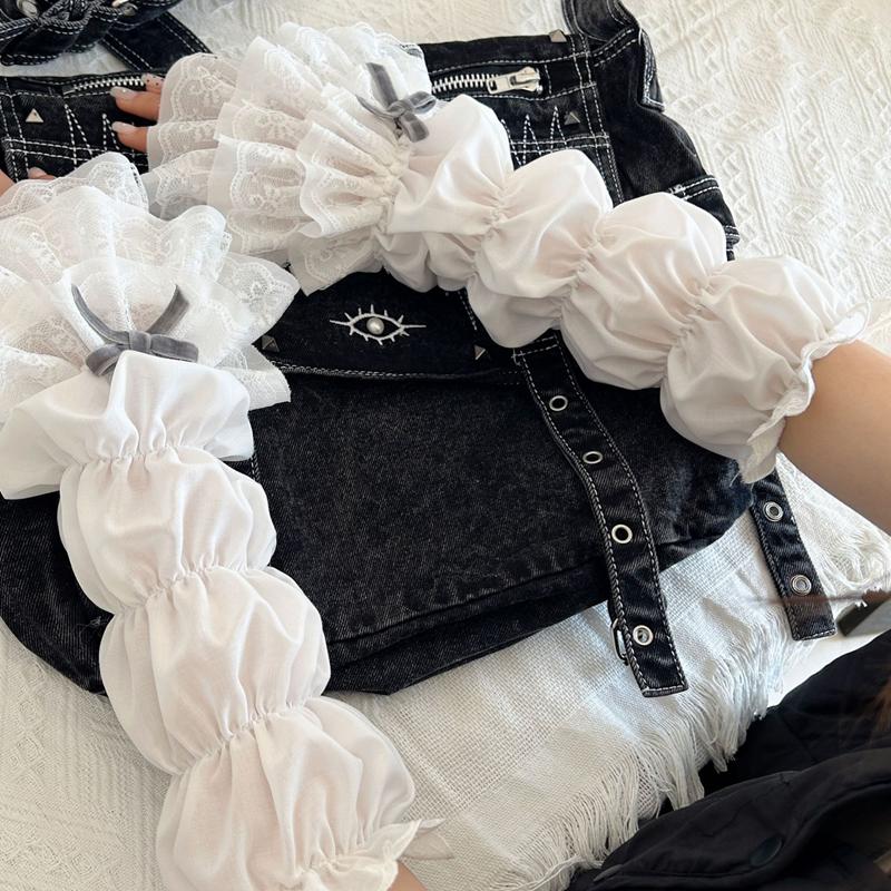 Girl Sweet White Lace Layered Arm Sleeves Detachable Gloves Ruffled Floral Elastic Wristband Bridal Cuffs for Wedding Party