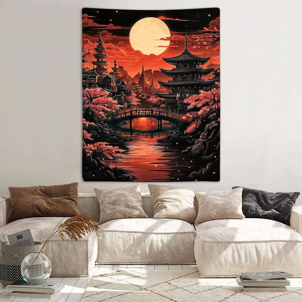 Anime Japanese Tapestry Cool Japan Black and Red Sun Nature Forest Pink Cherry Blossom Art Vertical Tapestries Wall Hanging for