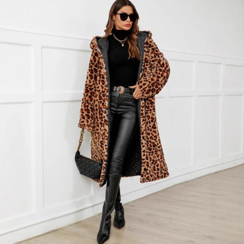Autumn and Winter Leopard Print Coat Cold-proof Plush Long Women's Hooded Imitation Fur Jacket Top Trench Coat