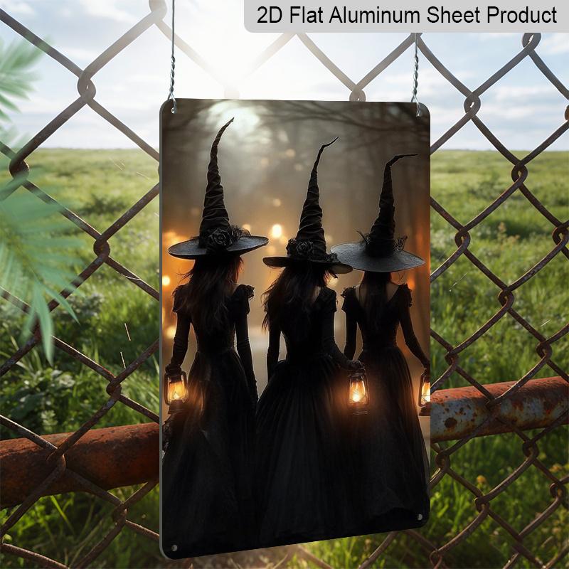 2D Flat Three Witches with Lantern Gothic Vintage Metal Sign‑8.0x12.0inch Aluminum Wall Art, Halloween Farmhouse Porch Decor, Pre‑Drilled Holes