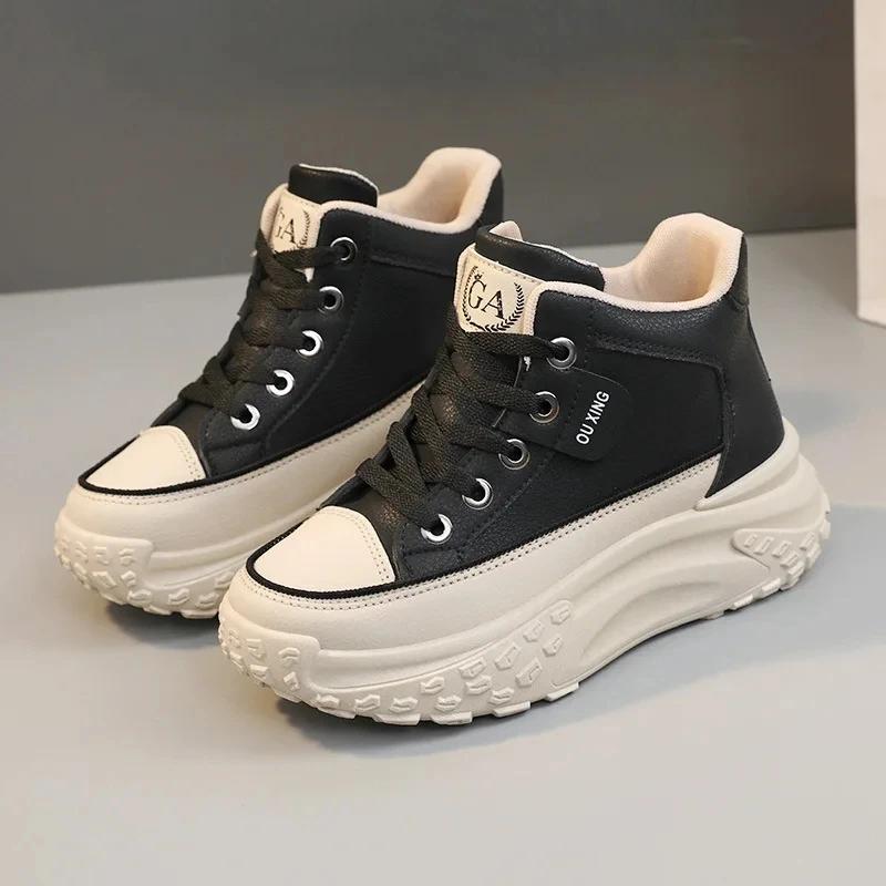 Fashion Women's Leather High Top Casual Shoes, Women's 2024 Autumn and Winter New Fashionable Breathable Thick Soled Retro Sports Shoes