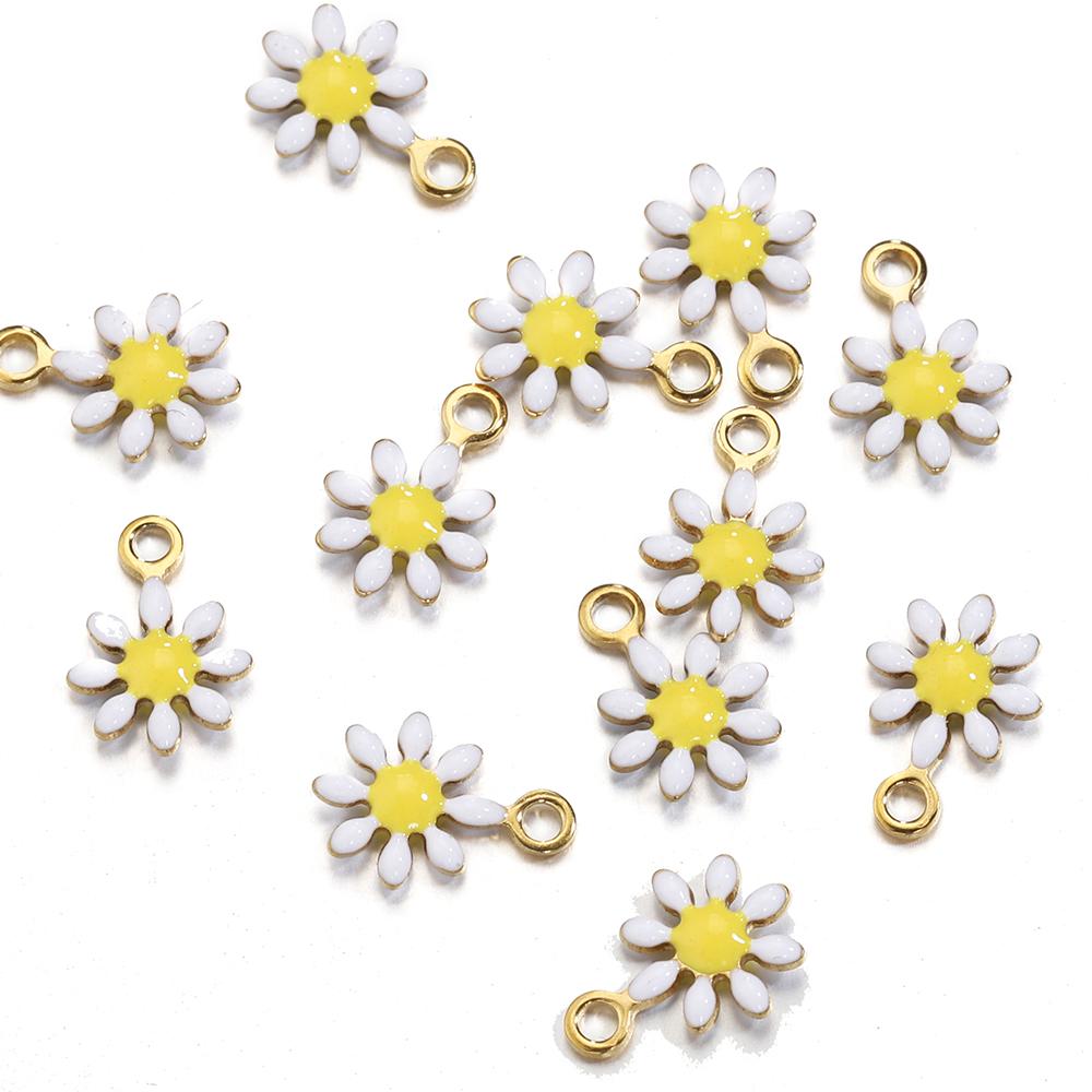 20pcs Enamel Daisy Flower Charms Stainless Steel Pendants Gold Color Beads for Bracelets Necklace Jewelry Making DIY No Fade