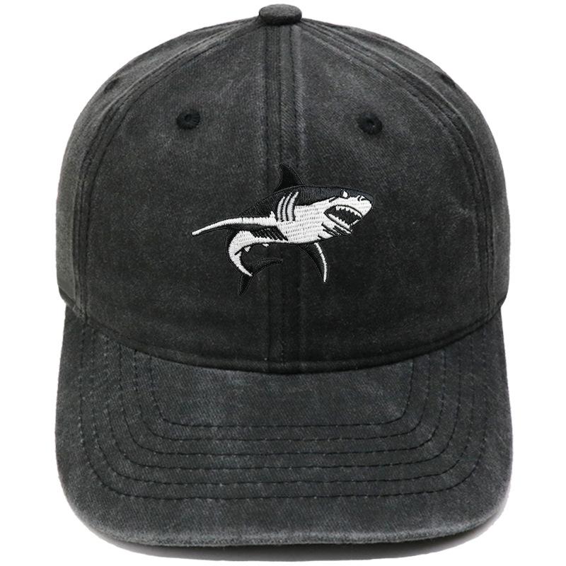 Big White Shark Embroidered Baseball Cap Washed Vintage Daddy Hat Marine Animal Men's and Women's Casual Sun Hat