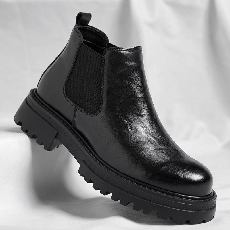 2025 Men's British Style Black Low-Top Chelsea Boots: Fleece-Lined, Hand-Grained, Mid-Calf Thickness