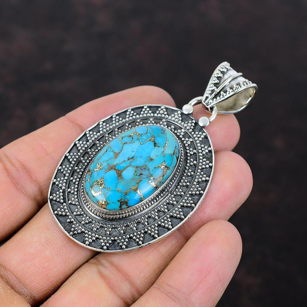 Copper Blue Turquoise Pendant Gemstone Silver Pendant 925 Sterling Silver Pendant Handmade Vintage Jewelry Unique Pendant Anniversary Gifts