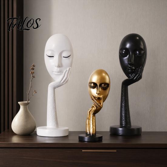 Talos Abstract Contemplative Face Resin Sculpture, Minimalist Hand-on-Chin Bust Statue for Desk Living Room Office, Creative Art Decor Entryway