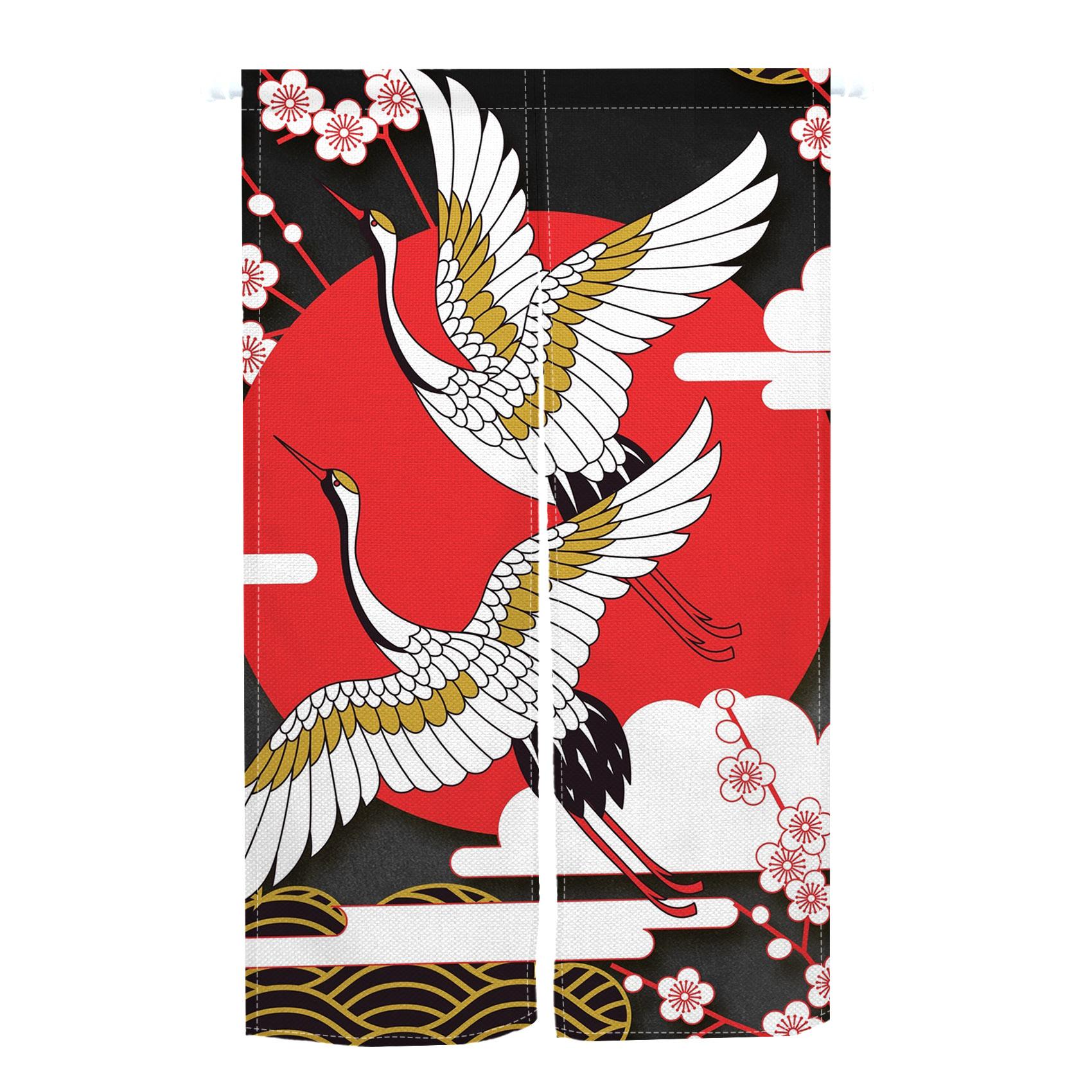 Japanse Stijl Noren Deurgordijnen Vogel Kraan Golfpatroon Polyester Gespleten Deuropening Gordijn Keuken Entree Hangend Half Perfect Voor Kookruimte W100*H130(CM)-Hooks&2PCS