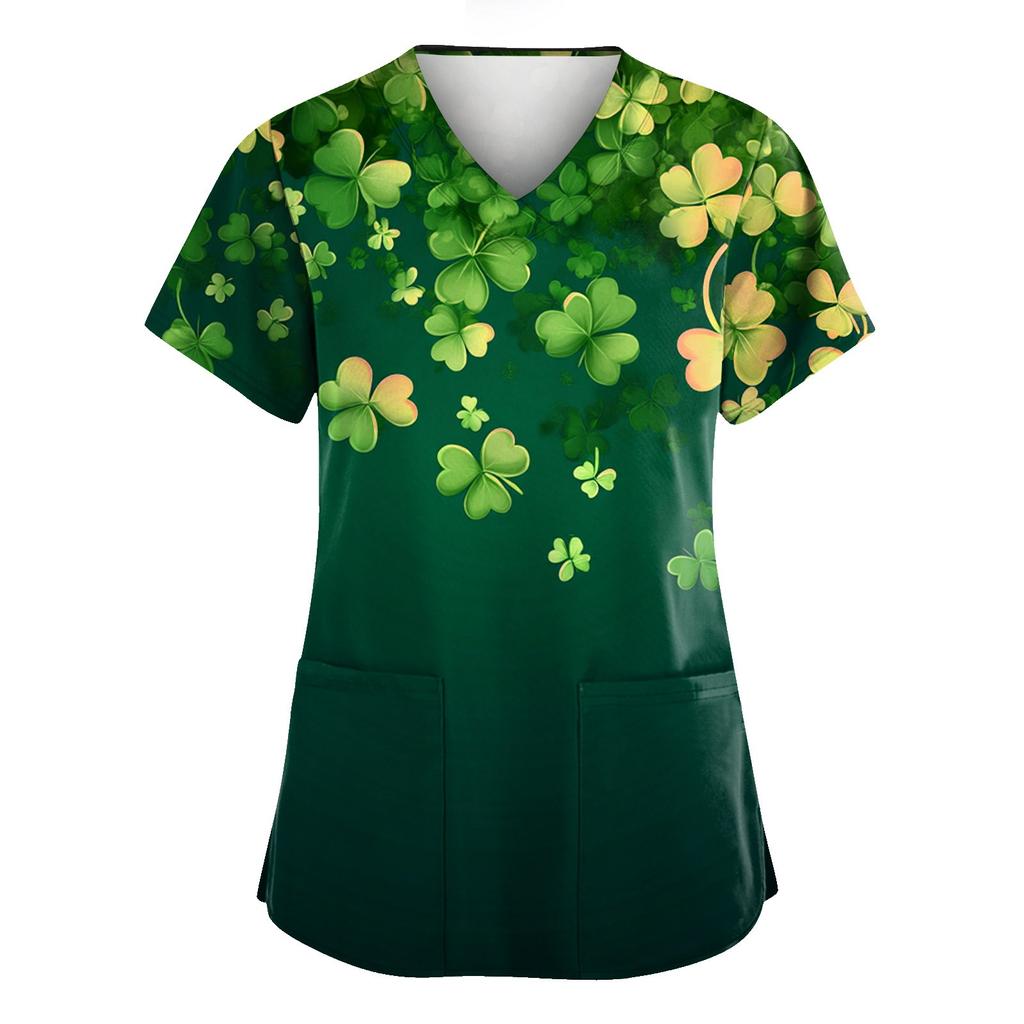 Women's Loose And Casual Printed Uniform Work Uniform V-Neck Pocket Protective Uniform