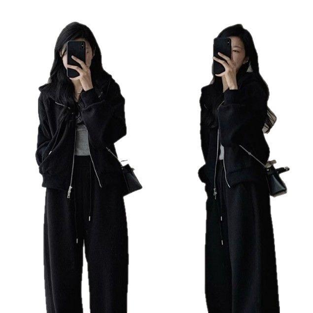 Women's Autumn & Winter Casual Sweatshirt & Wide-Leg Pants Set - Hong Kong Style Slimming Hooded Running Two-Piece