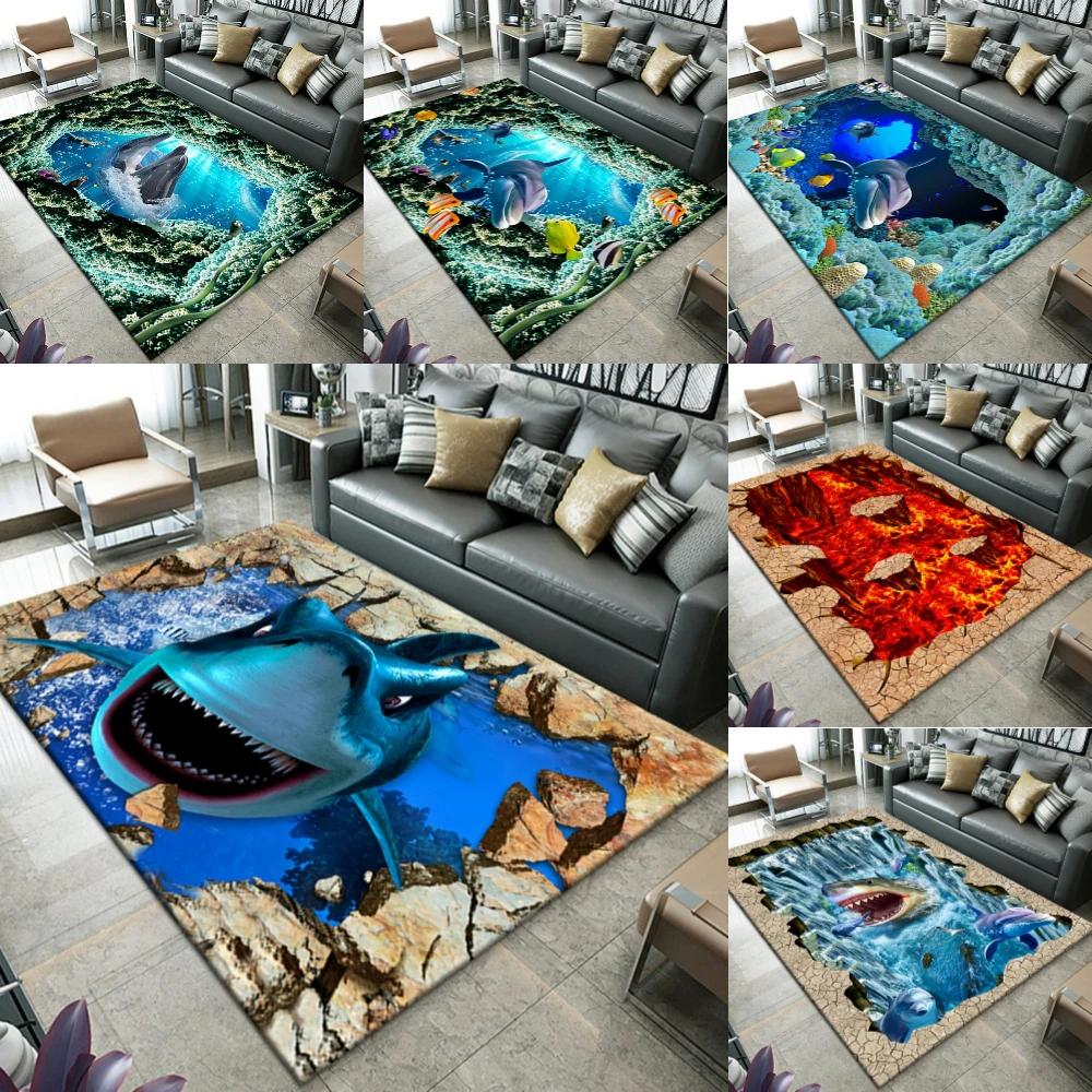 Creative Ocean 3D Dolphin Cave Lava Carpet for Living Room Decor Sofa Rug Kid's Play Mat Bedroom Bedside Soft Rug Doormat