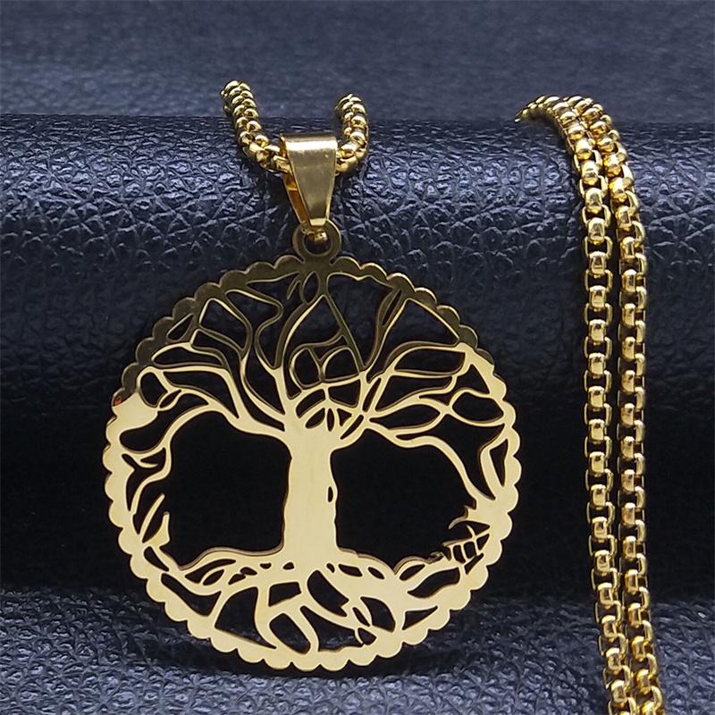 Fashion Tree of Life Round Necklace for Women Men Stainless Steel Gold Color Chain Necklaces Jewelry arbre de vie N3399S02