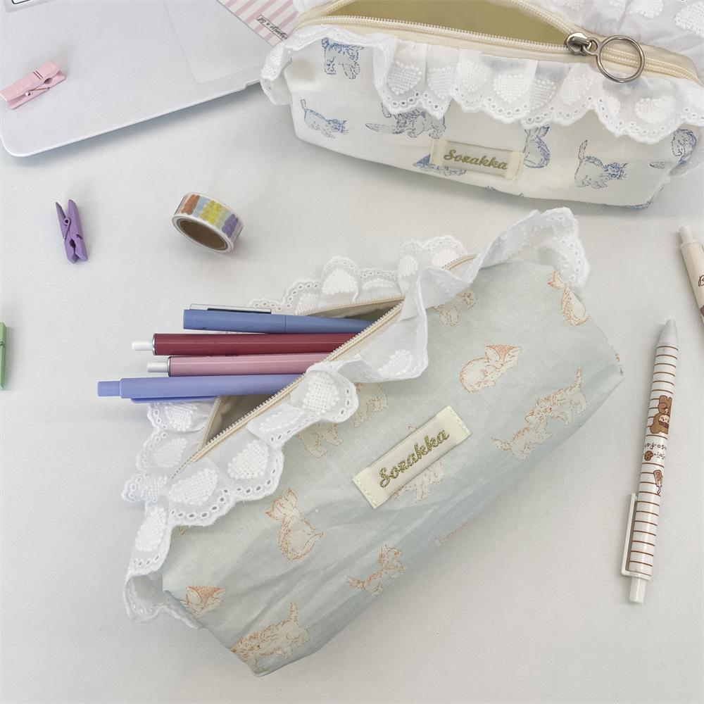 Sweet Lace Ladies Clutch Cosmetic Bags Cute Cat Prints Women's Portable Storage Bags Candy Color Large Capacity Girl Pencil Case