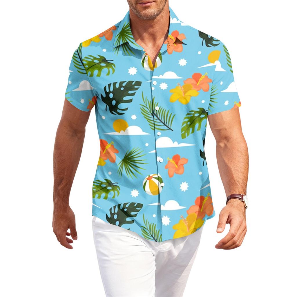 Men's Casual Loose Fit Short Sleeve Shirt Hawaiian Style Button Down Tropical Leaf Print Summer Beachwear Shirt