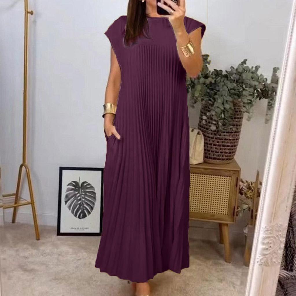 Dress Women's Fashionable Round Neck Sleeveless Pleated Long Dress