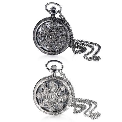 JEWELRYWE Pocket Watch Sasanqua Numerals Analog Waterproof Skeleton Case Antique Pocket Watch Pendant Necklace Watch 2 Piece Set for Everyday Use