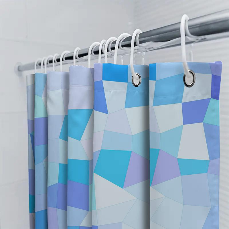 Blauer Geometrischer Design Duschvorhang, Badezimmerdeko, Polyestergewebe, Moderner Dekorativer Shoji-Schirm, Einfache Installation Für