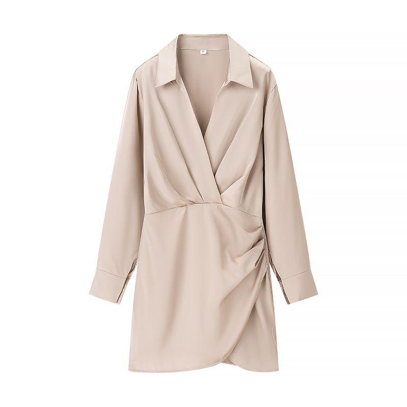 

Zbza Spring New Women clothes Western Style French style Fashion Design Side Wrinkle Dress Apricot color M