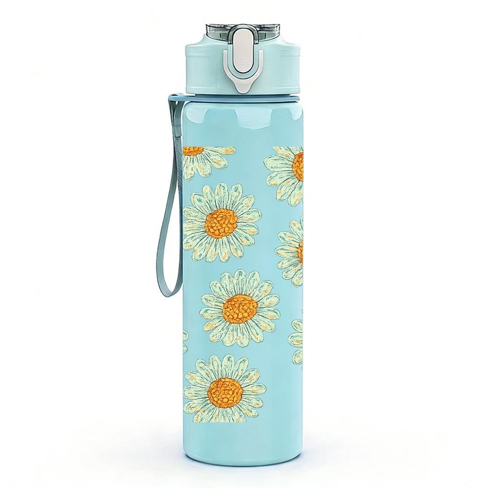 1PC Daisy Floral Print 750ml Color Plastic Sports Water Bottle Leakproof Flip Straw Lid Suitable for Sports Office Home Use