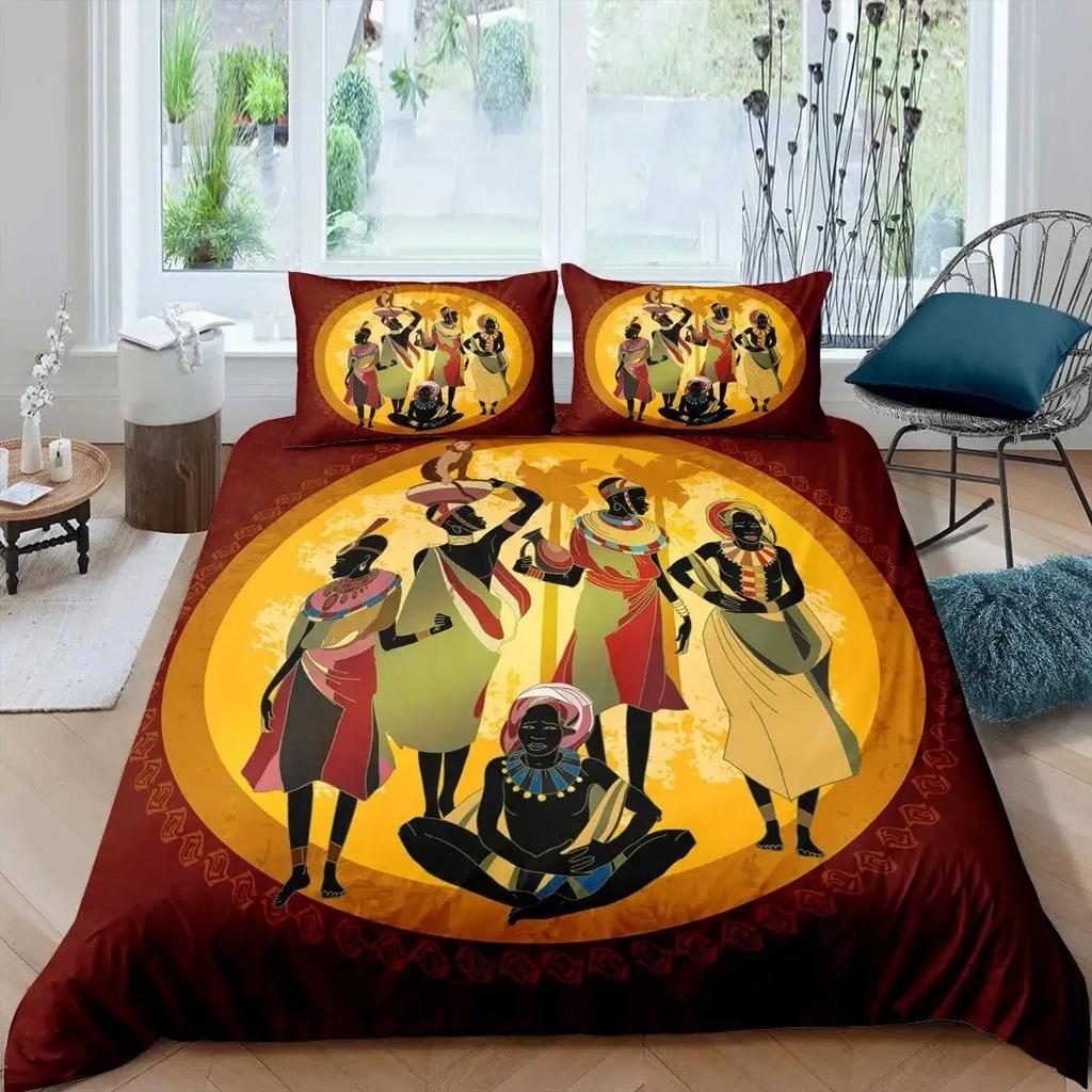 African Woman Duvet Cover Set Ethnic Afro Bedding Set African American Comforter Cover Orange Ancient Desert Bedspread