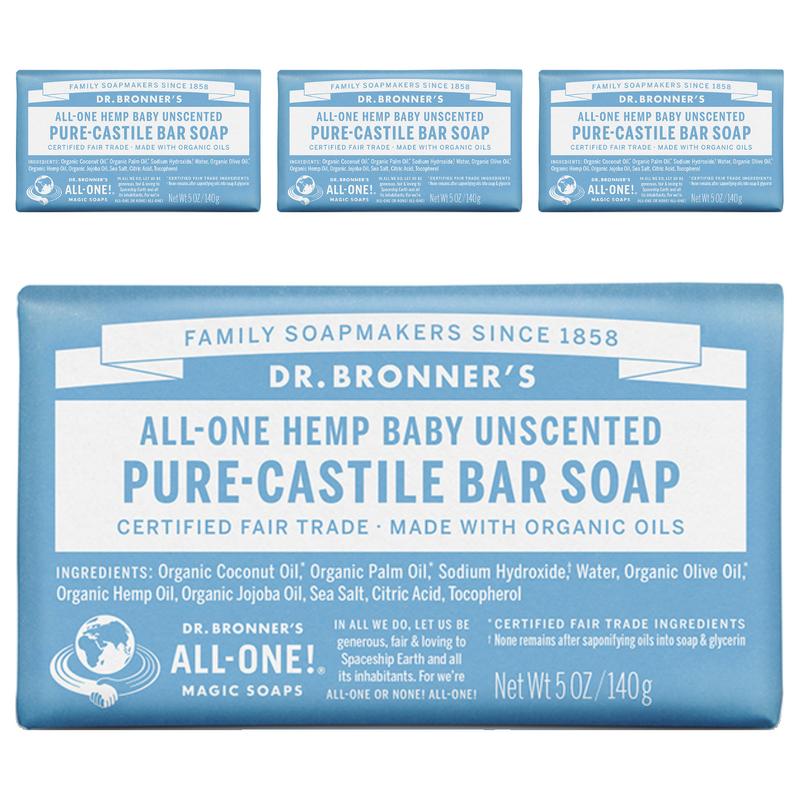 Dr. Bronner's Baby Mild Pure Castile Bar Soap Unscented, 140g, 4 Pcs