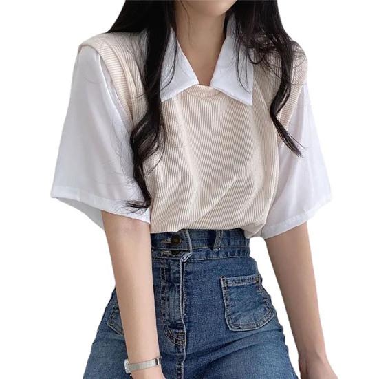 Lapel Short Sleeve Loose Fit Women Blouse Preppy Style Fake Two Pieces Tee Top Streetwear