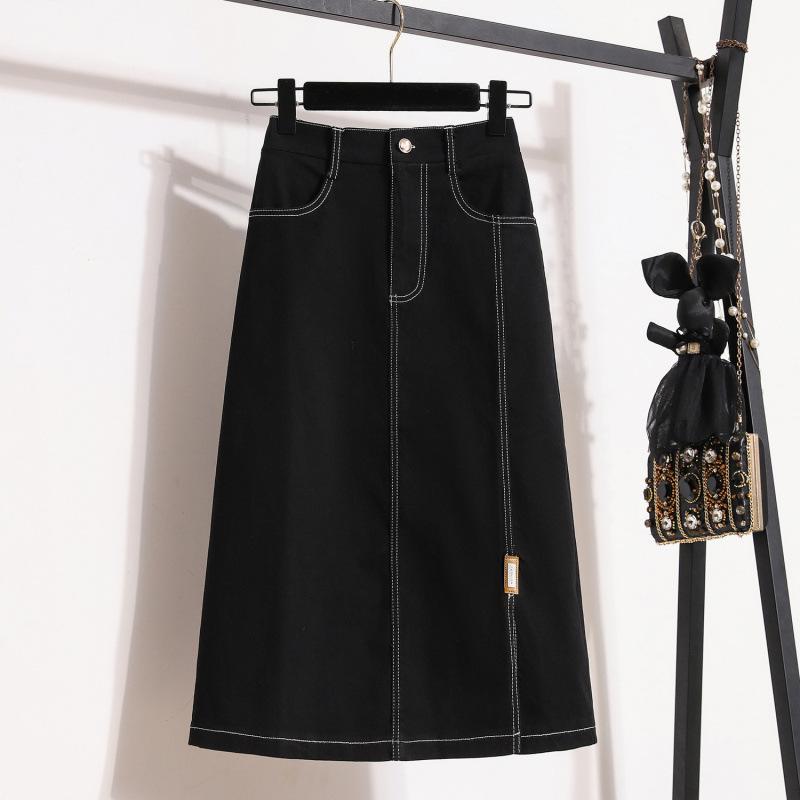 Damska Czarna Jeansowa Spódnica Midi z Wysokim Stanem, Rozkloszowana, z Kontrastowymi Przeszyciami