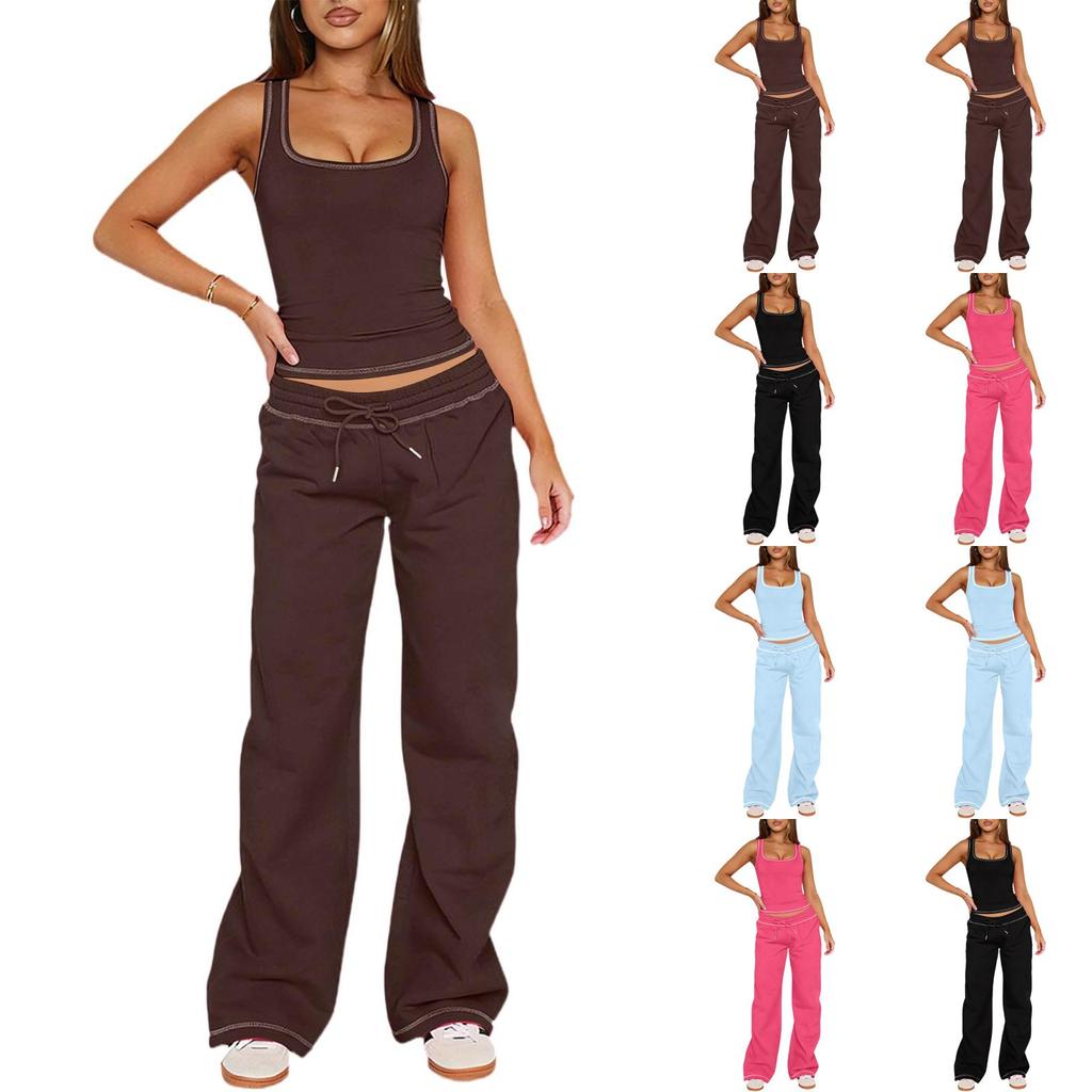 Damen 2-teiliges modisches lässiges High-Stretch formendes ärmelloses Tanktop und weite Hosen Set