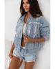 Azura Exchange Distressed-Jeansjacke mit Paillettenfransen