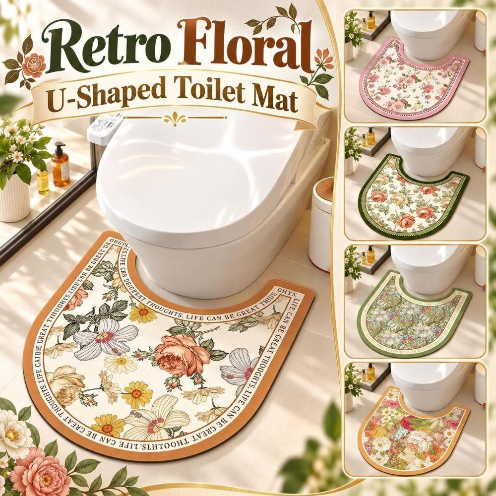 Non Slip U-Shaped Toilet Mat Quick Dry Toilet Pad Retro Floral Bathroom Rug  Bathroom