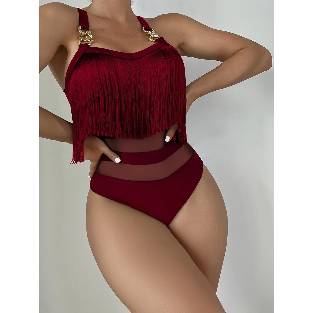

Women Bikini Sexy High Waist Bathing Suit Beach Swimwear Female Summer SwimsuitSolid Color Sexy One-piece Swimsuit with Fringe Trim Women s Swimwear XL вина червоного кольору