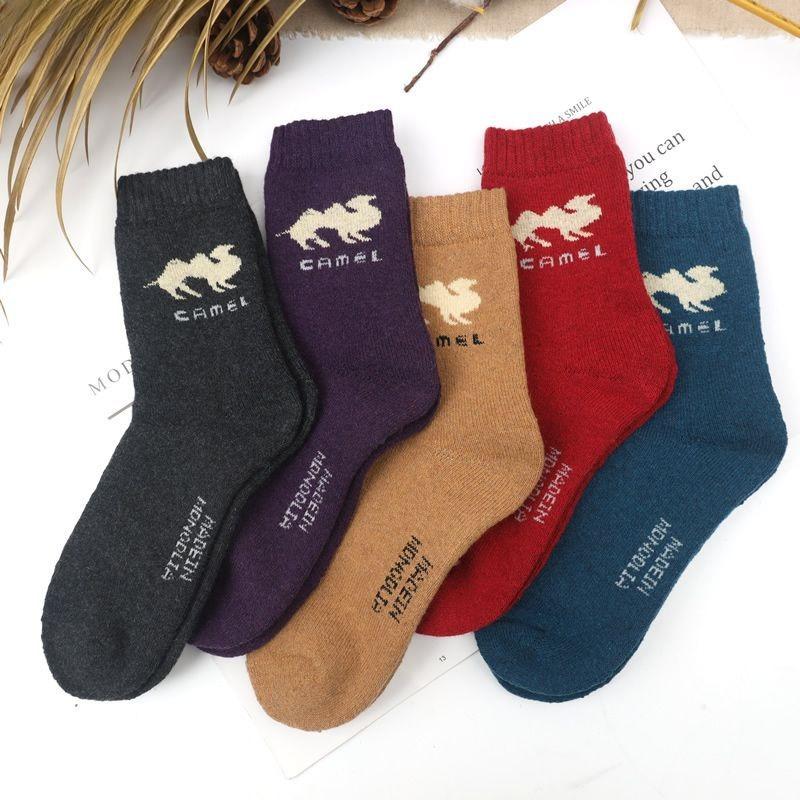 5 Pairs Winter Camel Cartoon Pattern Mid-Calf Thick Fleece-Lined Warm Polyester Spandex Knit Socks for Women