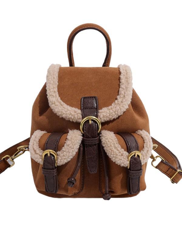 2025 Autumn/Winter Women's Retro Lambswool Color Block Handbag Backpack