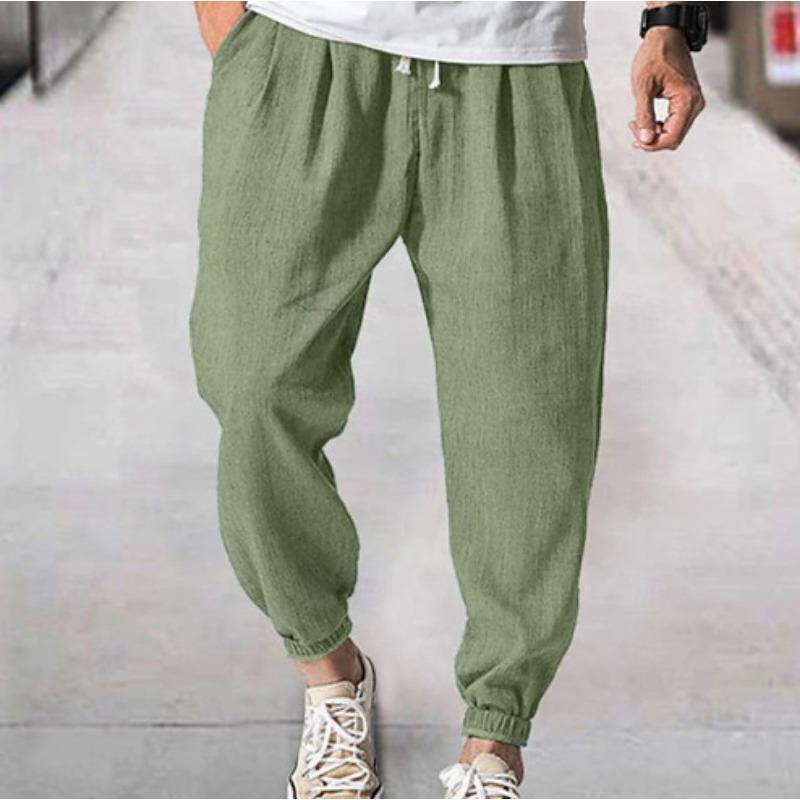 Cotton and Linen Nine Cropped Pants Beach Pants Pocket Drawstring Elastic Waist Solid Color Comfortable and Breathable  Men’s Casual Pants