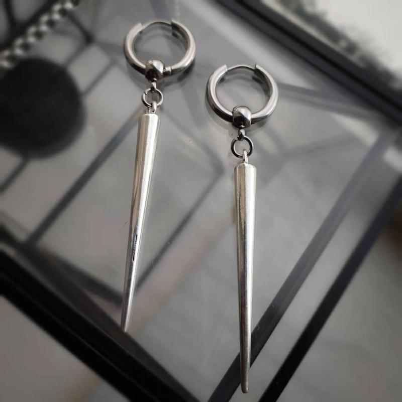 1Pair Punk Hip Hop Silver Color Rivet Drop Earrings For Women Men Gothic Metal Geometric Cone Pendant Earrings Y2K Party Jewelry