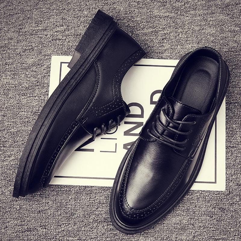 Black big head leather shoes winter business dress British style small leather shoes soft sole casual shoes autumn and winter