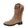 Retro Style Square Head Suede Fringed Strap Thick Heel Medium Boots Women's Autumn 2025 New Sleeve Versatile Fringed Boots
