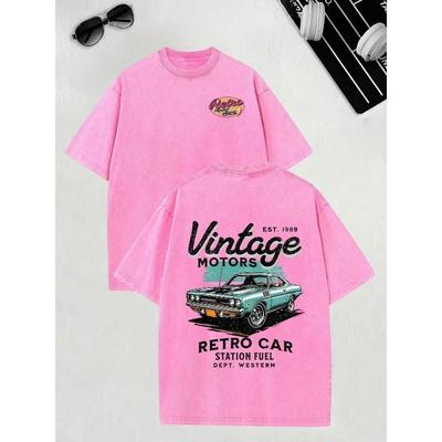 Street Retro Trendy Men's Clothing, Retro Car Pattern Printed Men's Fashion T-shirts, High-quality Heavy Washed T-shirts, Retro and Old Men's Tops