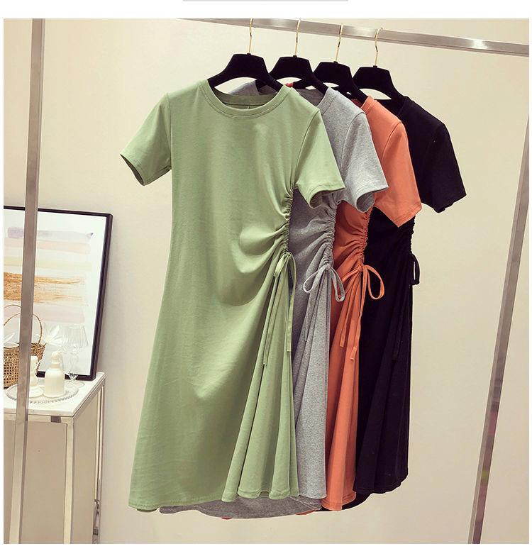 Women's O Neck Short Sleeve Solid Drawstring Waist Loose Fit Elegant Casual Midi A-Line T Shirt Dress