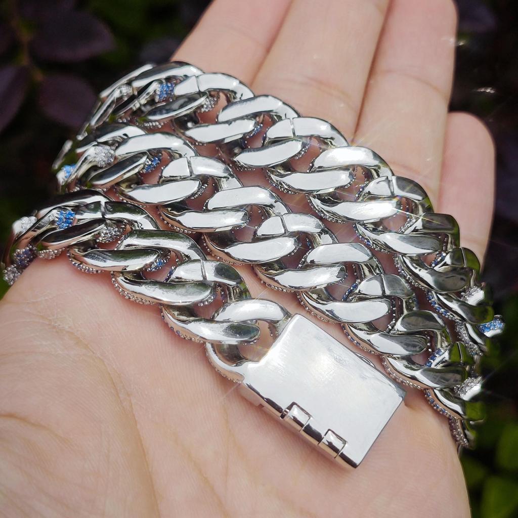Silver Blue 14MM Cuban Link Necklace and Bracelet - European & American Hip Hop Fashion Trend Jewelry