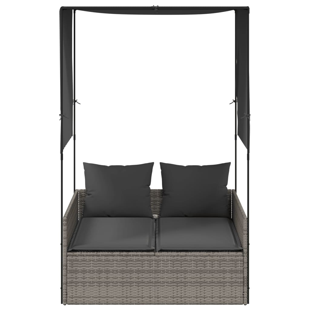 Double Sun Lounger with Canopy and Curtains Grey Poly Rattan