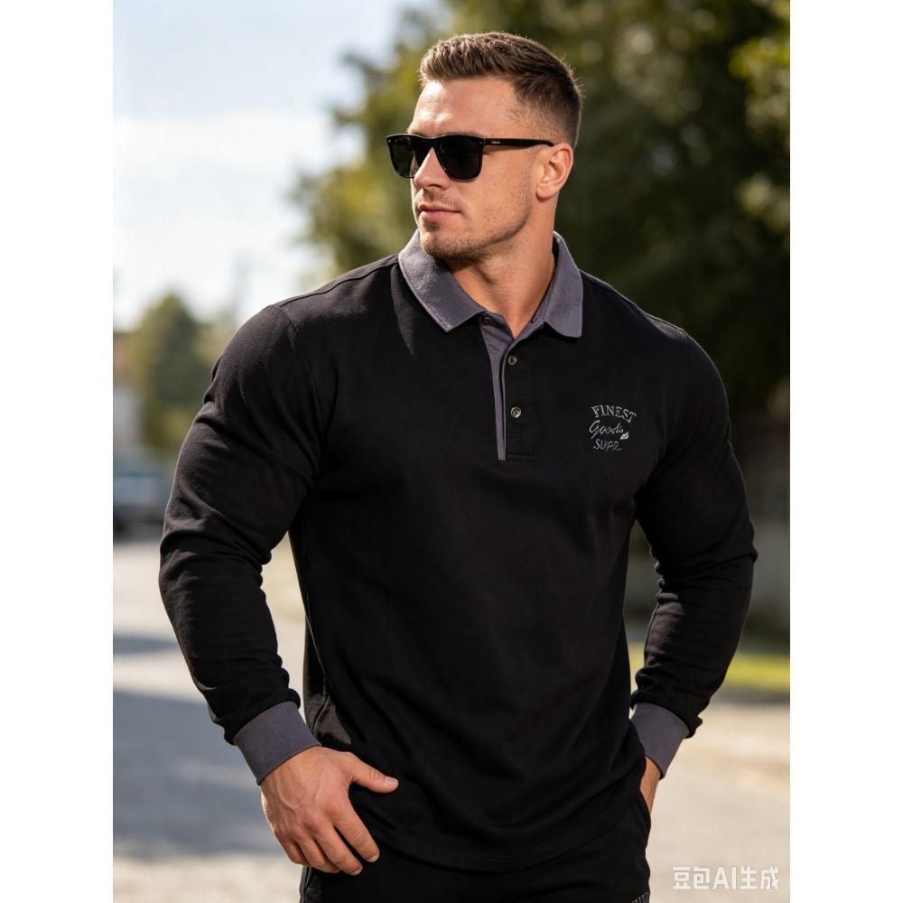 Men's Retro Color Block Long Sleeve Polo – Soft Touch Jersey Shirt with Contrast Cuffs & Vintage Logo – Smart Casual Business Wear