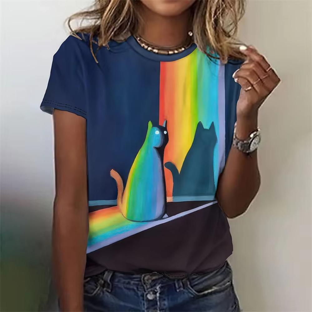 Koszulka z zabawnym kotem drukowana w 3D dla kobiet Urocze koszulki z wzorem zwierzęcia domowego Letnie codzienne koszulki z krótkim rękawem Oversize T-shirty z dekoltem O