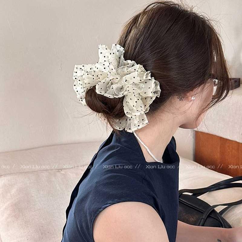 Korean Polka Dot Pleated Scrunchie Ballet-Style Lace Hair Tie