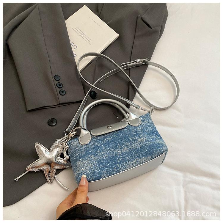 Portable dumpling bag 2025 new trend shoulder women's bag high-end niche design denim contrasting color messenger bag