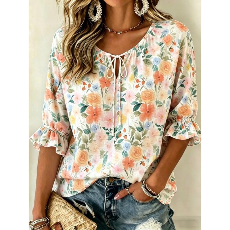 Women's Mint Green Floral Print Tie Neck Blouse, Casual Loose Tops for Spring Summer Daily Wear & Vacation Occasions