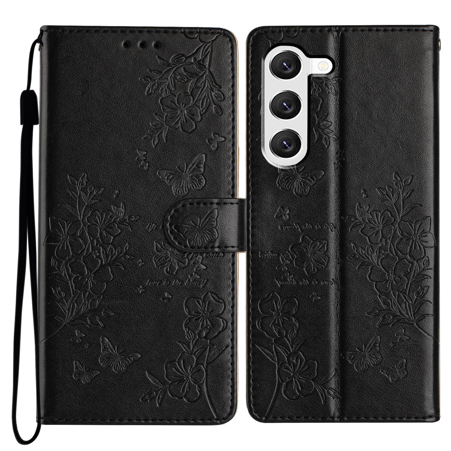 

For Samsung Galaxy S23 Case Butterfly Floral Imprint Leather Phone Cover with Wallet Black