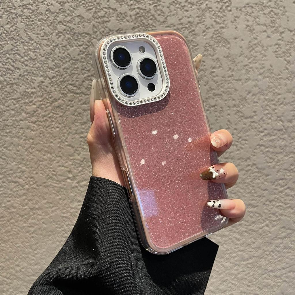 Custodia in Gel Glitterata Monocolore con Cornice Lente in Strass per iPhone 16 Pro Max