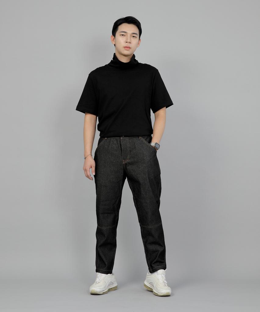 Seinteukeulu Tapered Cut Crop Half-Band Pants Tch-326 Black Denim Brs
