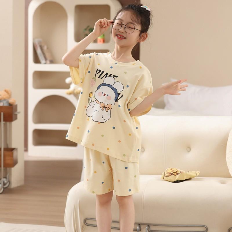 Girls Cotton Pajama Set Short Sleeve Cartoon Print Lightweight Sleepwear Ages 8