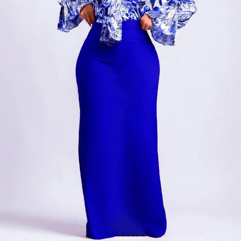 

Solid Color High Waisted Mid Length Skirt Pure Color High Waist Mid-Length Skirt Blue Skirts L(L)